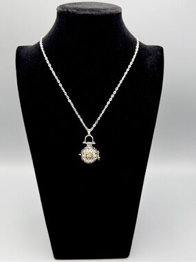 Harmony Ball Locket Necklace sSilver Tone Cage Pendant 34” Chain